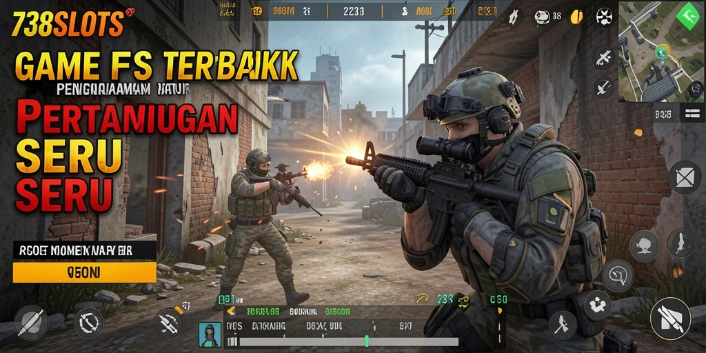 Screenshot 738SLOTS menampilkan aksi menembak yang mendebarkan di arena pertempuran.