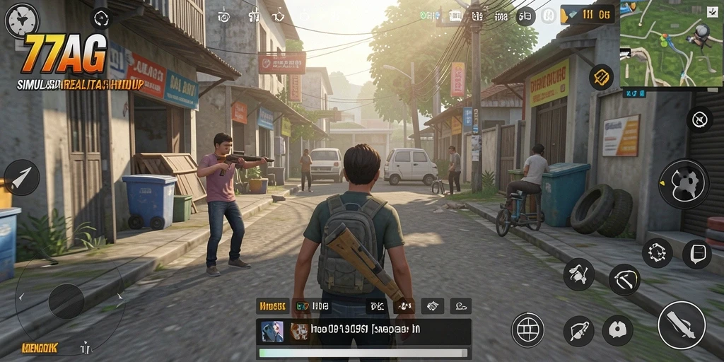 Screenshot gameplay menunjukkan karakter berinteraksi dalam lingkungan simulasi.