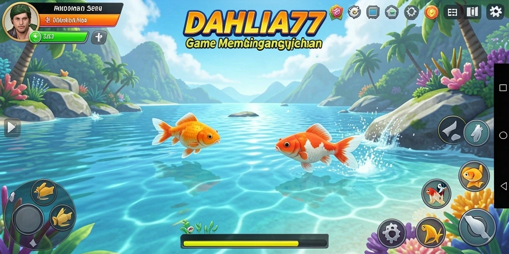 Gameplay DAHLIA77 yang menampilkan pemain memancing dengan beragam ikan.
