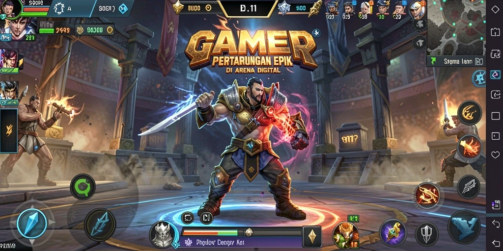 Screenshot GAMERP menampilkan pertarungan seru antar karakter di arena.