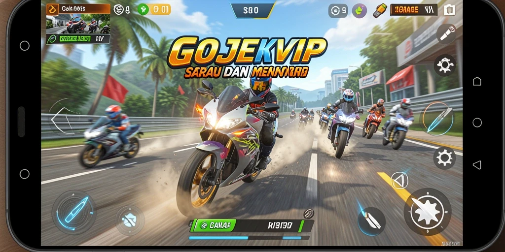 Tangkapan layar <strong>GOJEKVIP</strong> menampilkan balapan motor seru di trek yang menantang.