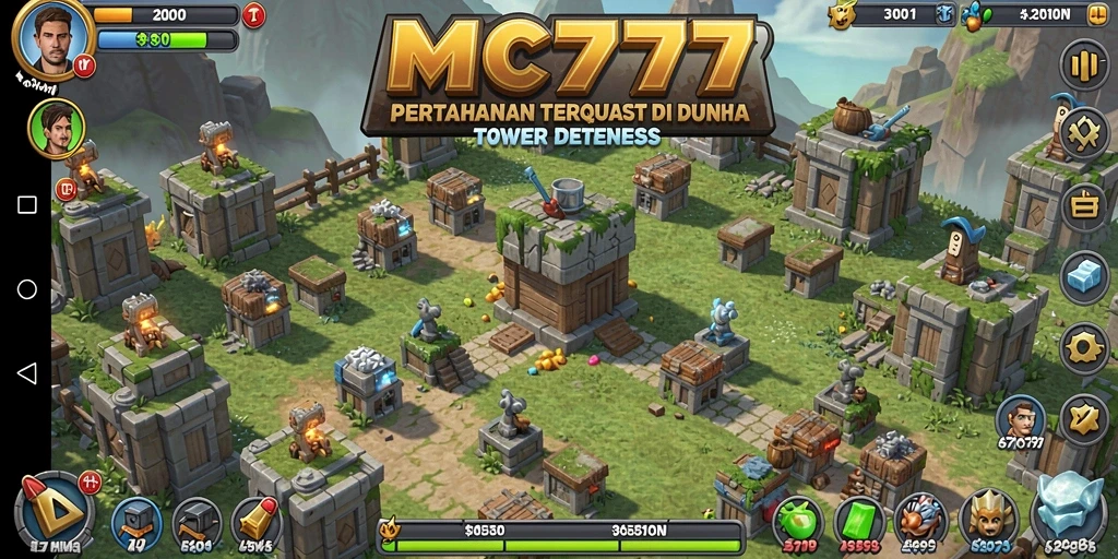 Tampilan gameplay <strong>MC777</strong> dengan menara dan musuh yang saling berinteraksi.