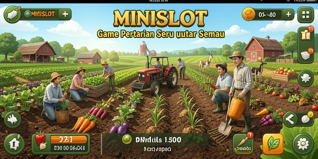 Tampilan screenshot utama MINISLOT yang menampilkan suasana pertanian yang ceria.