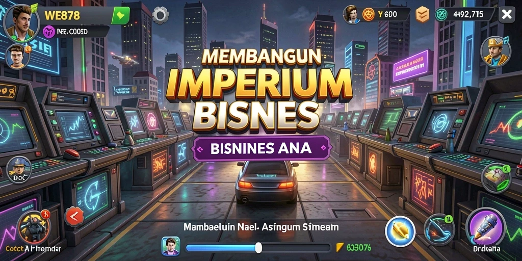 Gameplay WE878 menampilkan pembangunan bisnis dan manajemen sumber daya.
