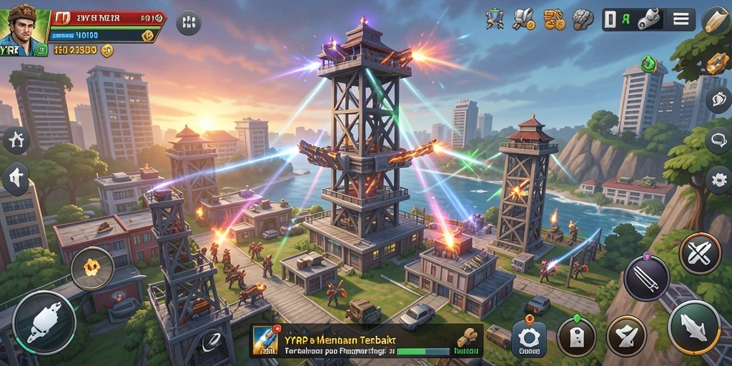 Tangkapan layar gameplay <strong>YYRR</strong> menunjukkan aksi menara pertahanan yang mendebarkan.
